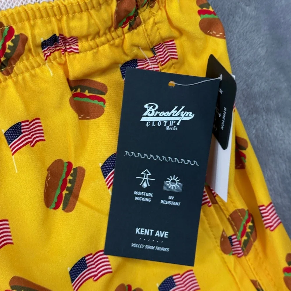 Brooklyn Swim Trunk Cloth Kent Ave Men XL Yellow Burger American Flag Volley NWT
